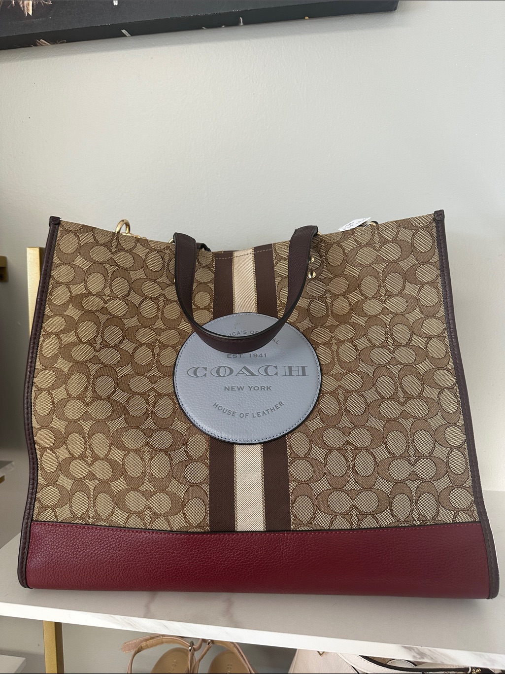 Coach Canvas Tote In Tan, Brown And Burgundy With Logo Patch